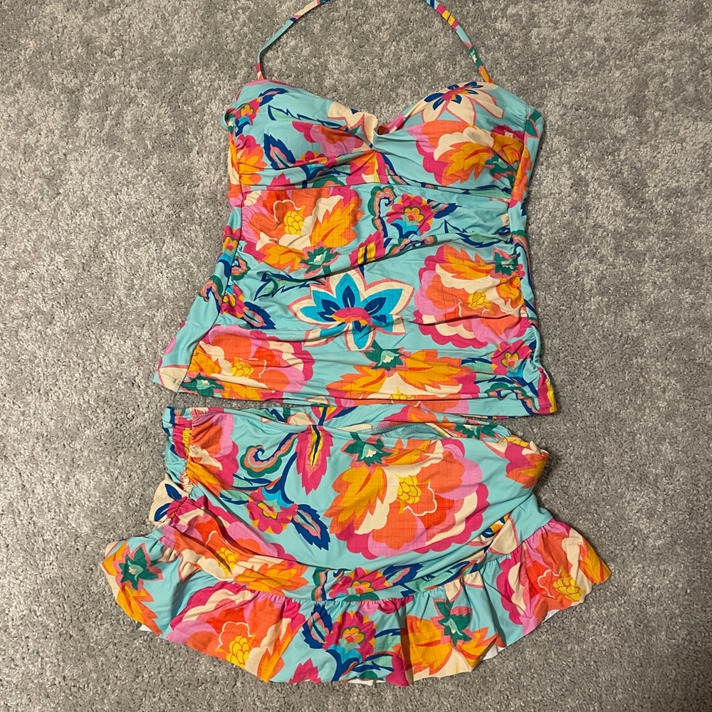 La Blanca Blue and Pink Bikini with Halter Top and Ruched Waist